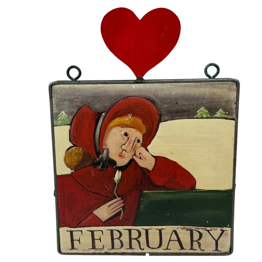 Nancy Thomas 1988 February Calendar Tile Plaque Folk Art Metal Frame Heart 8x8